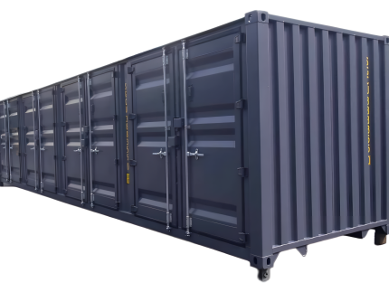 40 Fuß Container mit geöffneten Seitentüren und sichtbaren Lagerfächern