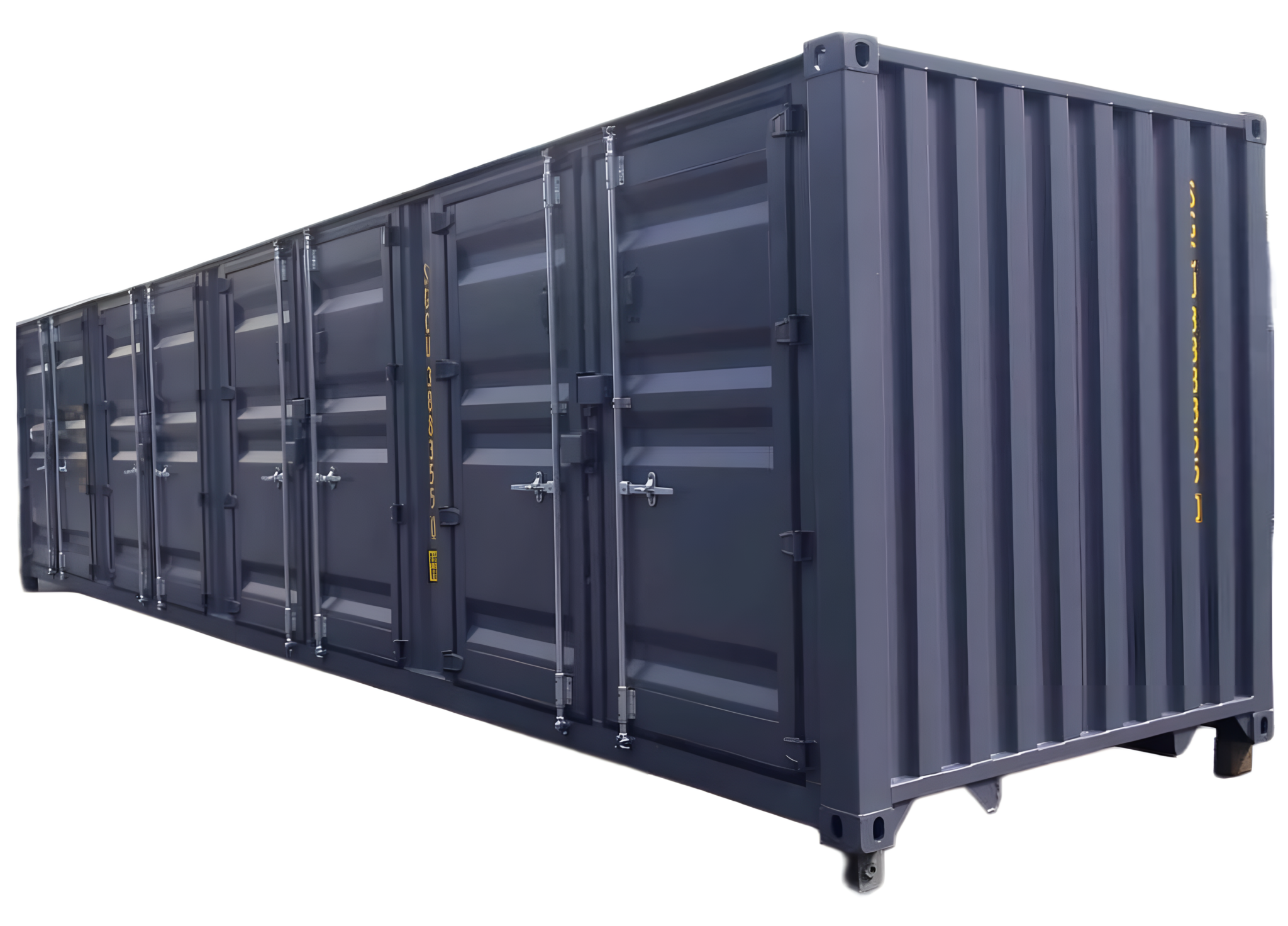 13 40 Fuß Container mit geöffneten Seitentüren und sichtbaren Lagerfächern