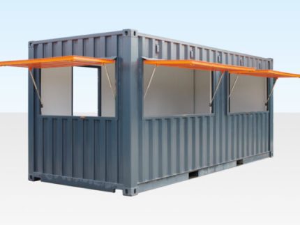 6m Café-Container mit geöffneter Serviceklappe vorne